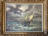 une peinture à l'huile représentant un voilier en mer sous un ciel nuageux