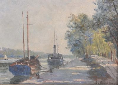 a painting of boats on the water by the shore
