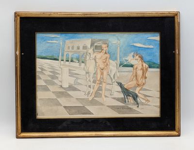 tableau représentant trois nus et un chien sur un sol à carreaux