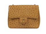 a brown ostrich leather bag with a gold buckle