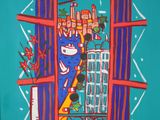 a painting of a cat looking out of a window