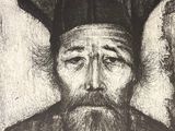 drawing of a man with a black hat and a long beard