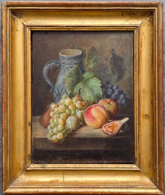 peinture d'une nature morte de fruits et d'un pichet sur une table