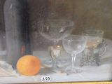 a picture of a painting of a still life with wine glasses and oranges
