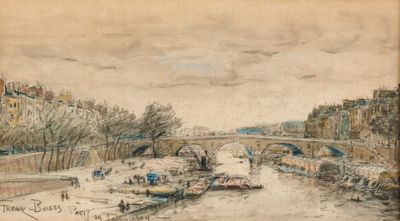 dessin représentant un tableau où l'on voit une rivière avec un pont en arrière-plan