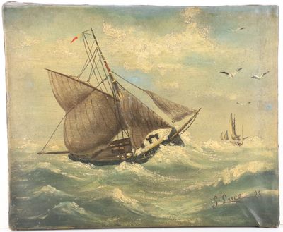 an old painting of a sailboat in rough water with birds flying around