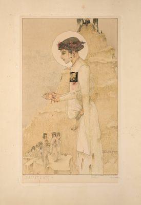 tableau représentant une femme en robe blanche avec une croix sur l'épaule