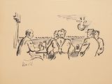 drawing of a group of people sitting at a table with a clock in the background