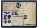 une photo d'une collection de souvenirs militaires présentée dans un cadre vitré