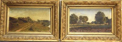 two paintings of a landscape with trees and a road in the distance