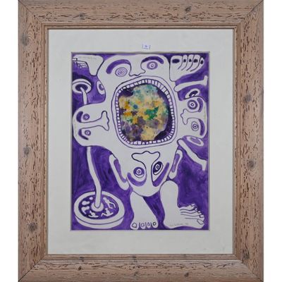 un tableau représentant une image violette et blanche dans un cadre en bois