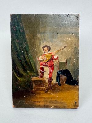 painting of a young boy playing a lute on a table