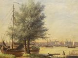 une peinture représentant un bateau sur l'eau près d'un arbre