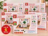 four boxes of children ' s wooden puzzles with animals and letters on them