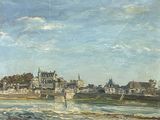 a painting of a view of a city from the water