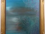 an abstract painting of a tree in a gold frame on a white wall