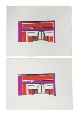 two prints of a red and white building on a white background