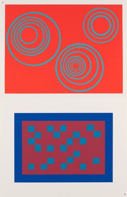trois carrés comportant des cercles et des carrés de couleur rouge, bleue et rouge