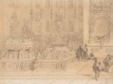drawing of a group of people in a large room with a statue