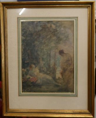 framed picture of a painting of a man and a woman in a wooded setting