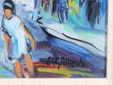 a painting of a woman walking down the street