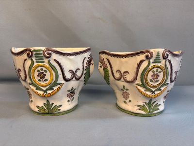 pair of antique hand painted porcelain vases with green and yellow designs