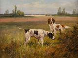 tableau représentant deux chiens dans un champ, avec une maison en arrière-plan