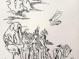 dessin représentant un groupe de personnes sur une plage, avec un bateau en arrière-plan