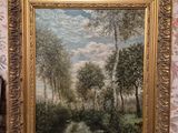 une peinture à l'huile représentant un paysage avec des arbres et un ruisseau