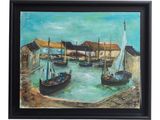 a painting of a harbor scene with boats in the water