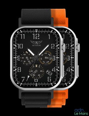une montre noire et orange avec un cadran noir sur fond noir
