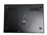 a close up of a black laptop on a white surface