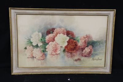 an image of a painting of pink and white carnations on a black background