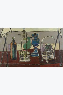 a painting of a table with a vase and a plate of food on it