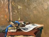 a painting of a table with books and a lamp on it