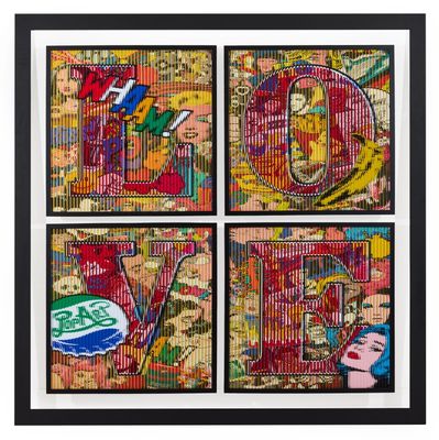 a painting of four different images of the word love