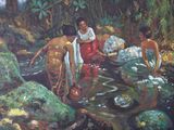 tableau représentant un groupe de personnes se lavant dans un ruisseau au milieu d'une forêt