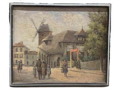tableau représentant une scène de rue avec un moulin à vent en arrière-plan