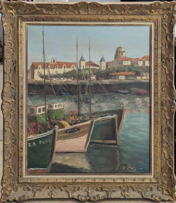 une peinture à l'huile représentant deux bateaux dans un port, avec des bâtiments en arrière-plan