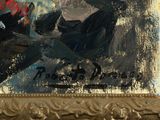 a painting of a man sitting in a chair with a hat on