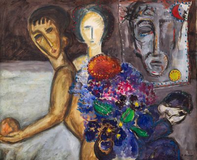 a painting of a woman holding a bouquet of flowers