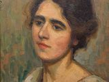 une peinture à l'huile représentant une femme vêtue d'une robe rouge et blanche
