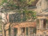 a watercolor painting of a street scene with people and cars