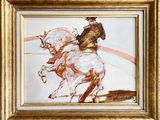 une peinture à l'huile représentant un homme à cheval, dans un cadre doré