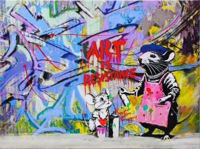 a painting of a rat holding a paintbrush in front of a wall with graffiti