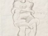 dessin au crayon représentant un homme assis sur une chaise, le bras autour des épaules d'une femme