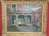 a painting hanging on the wall of a red room