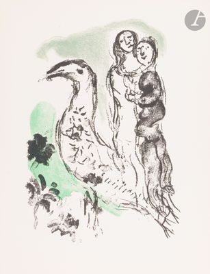 a drawing of a woman and a bird in a field