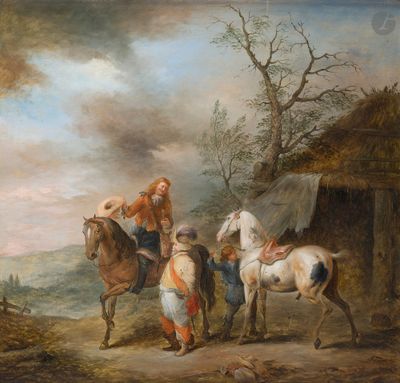 une image représentant un tableau où l'on voit un homme à cheval entouré d'un groupe de personnes