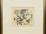 a black and white drawing of a group of horses in a frame